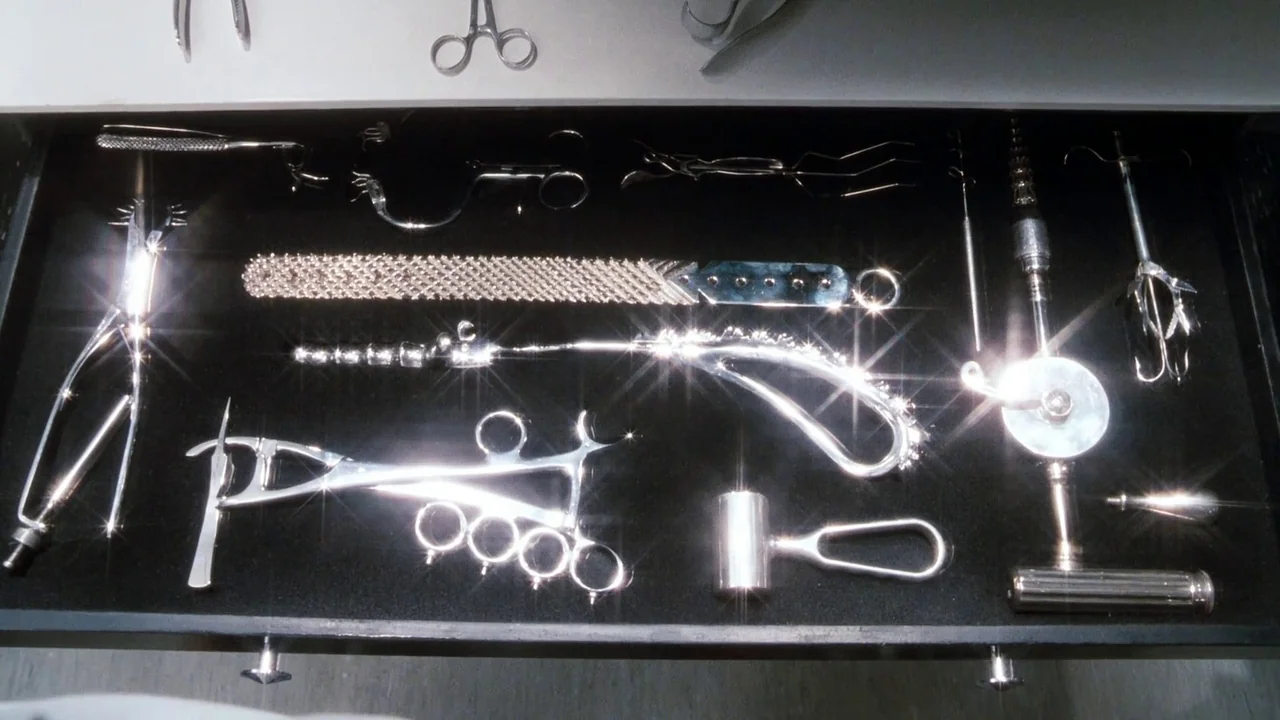 Little Shop of Horrors (1986) movie still: closeup — A dark, velvet-lined drawer holds an assortment of vintage polished surgical tools. The…
