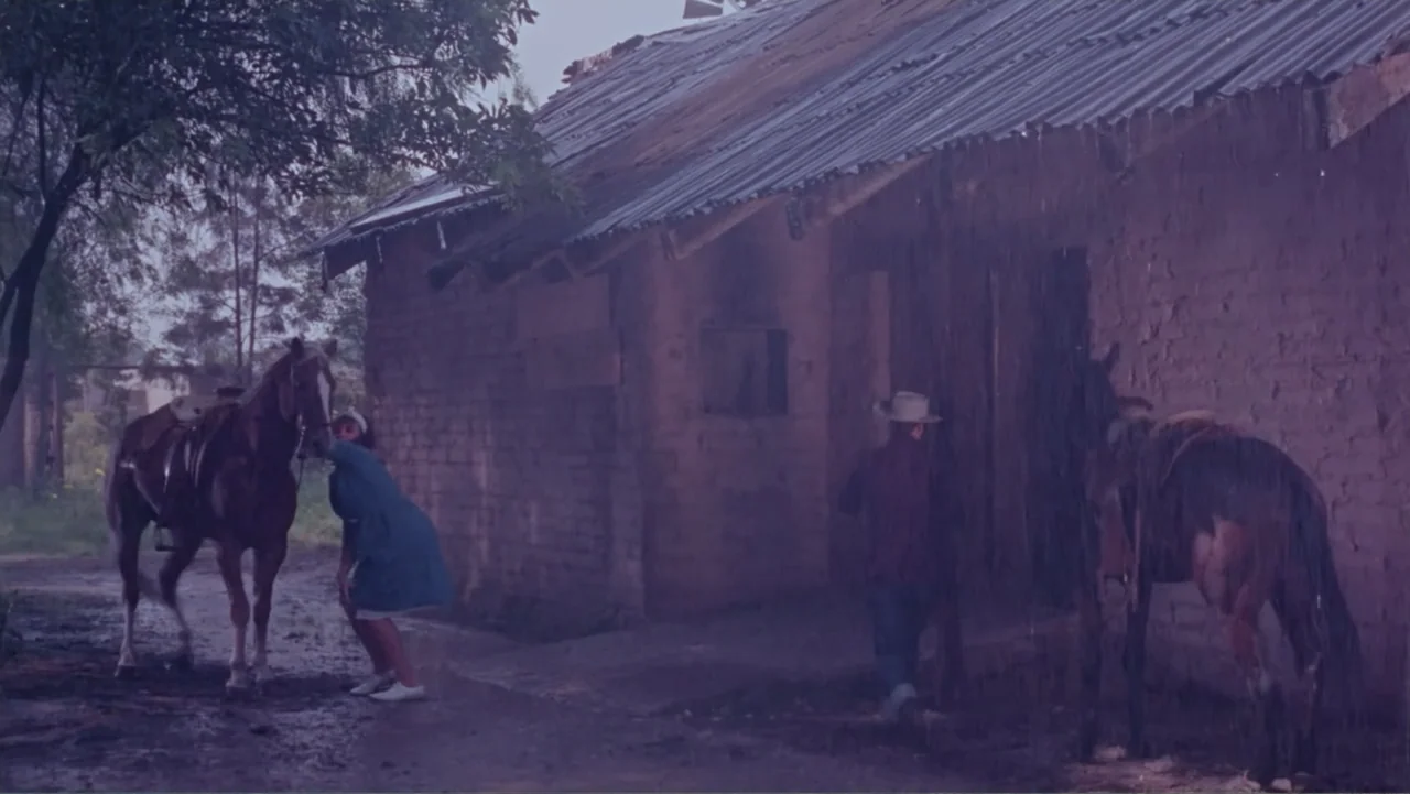 Los Dos Rivales (1966) movie still: wide — A rural mud-covered yard features a weathered brick building with a corrugated metal roof. A woman…