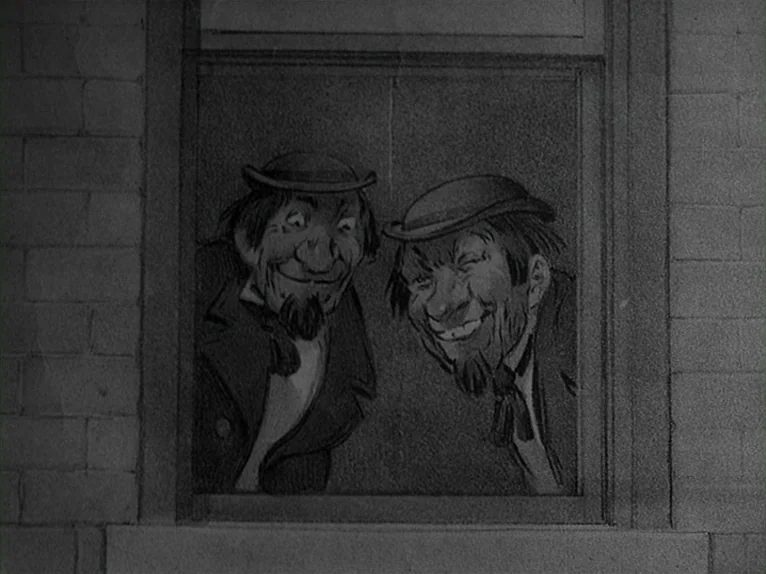 Killer’s Kiss (1955) movie still: medium — A brick exterior wall features a rectangular window frame where two men peer out. The two men both wear…