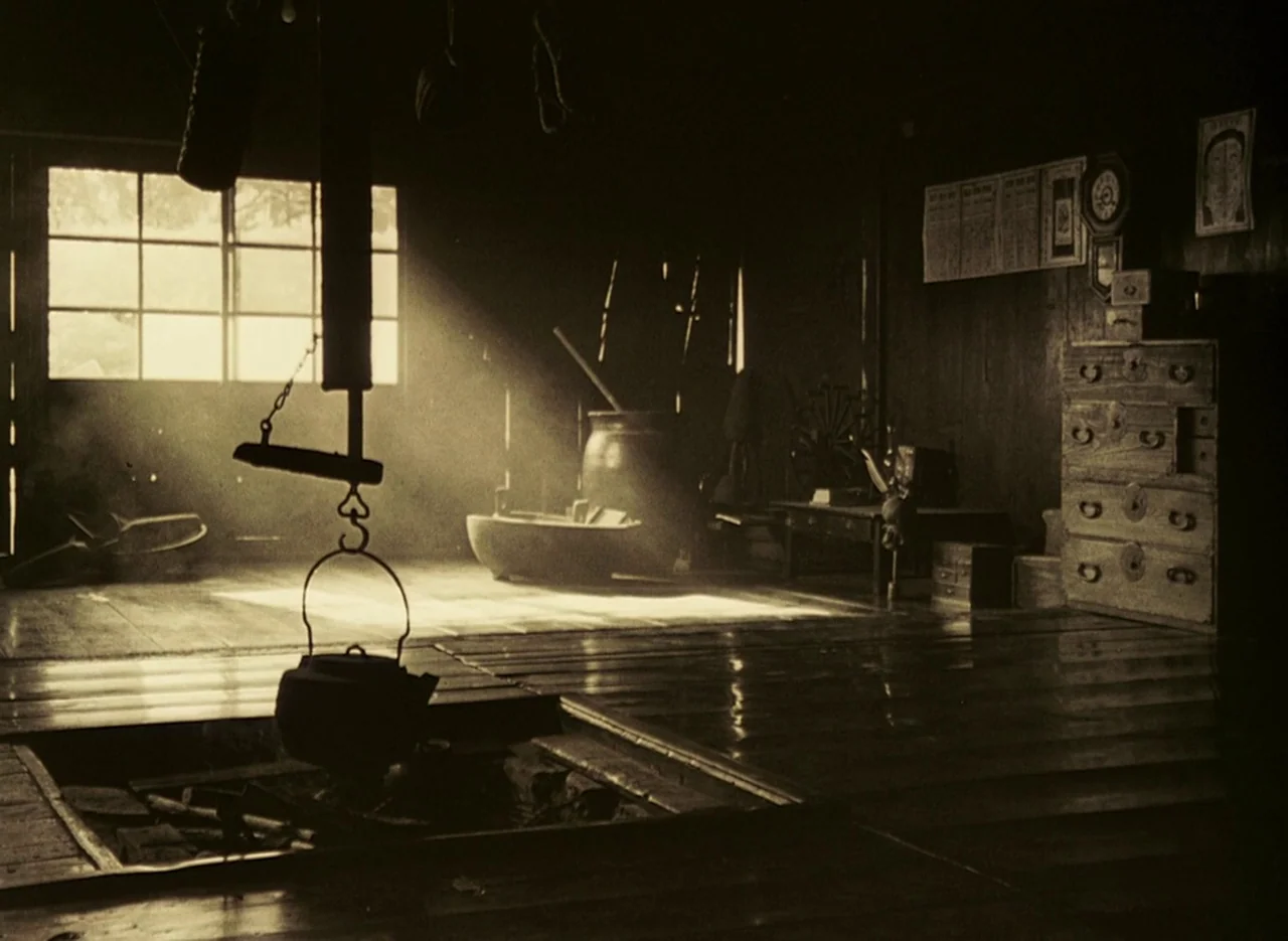 Pastoral To Die In The Country (1974) movie still: establishing — A dark wooden room contains a central hearth and a suspended iron kettle. A window…