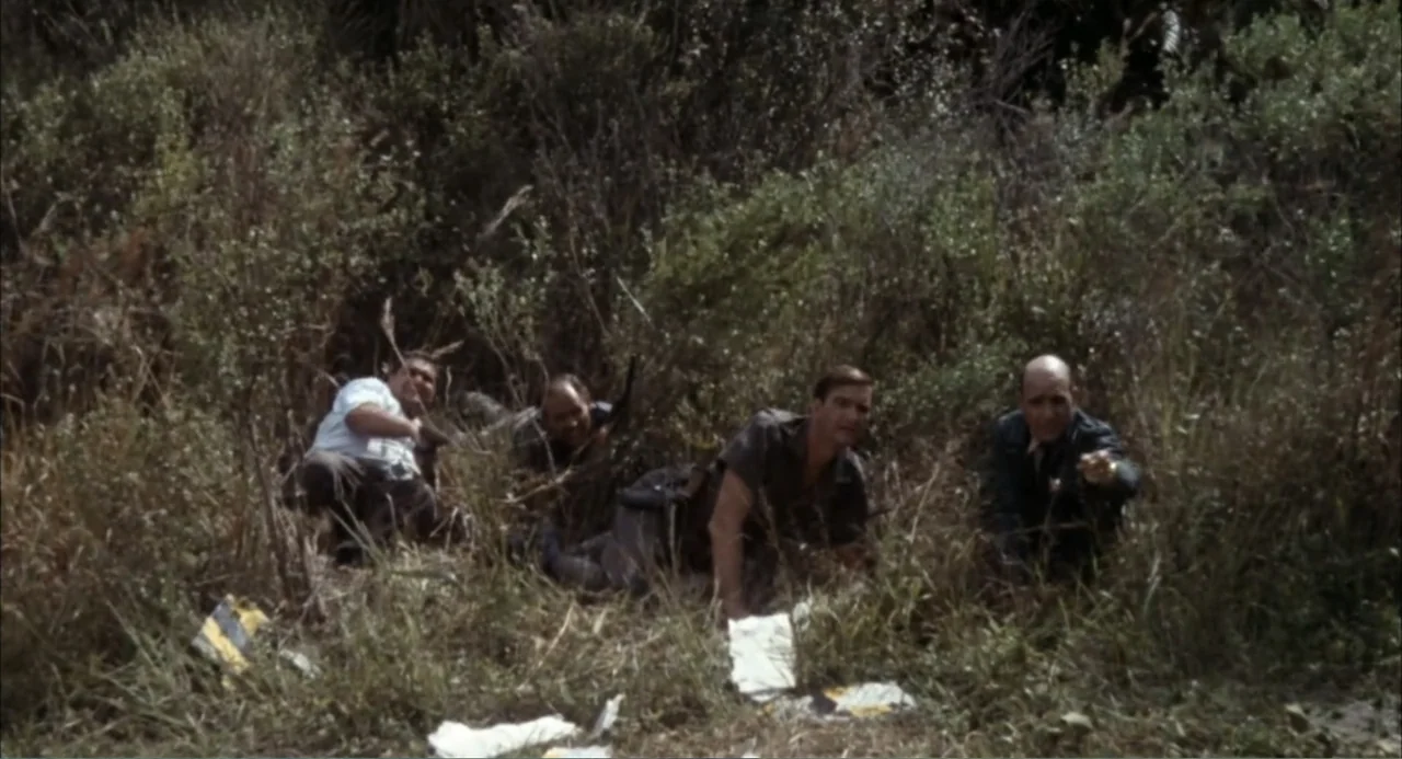 Cottonpickin' Chickenpickers (1967) movie still: medium — A group of four men crouch in dense, overgrown brush and tall wild grasses. They remain…