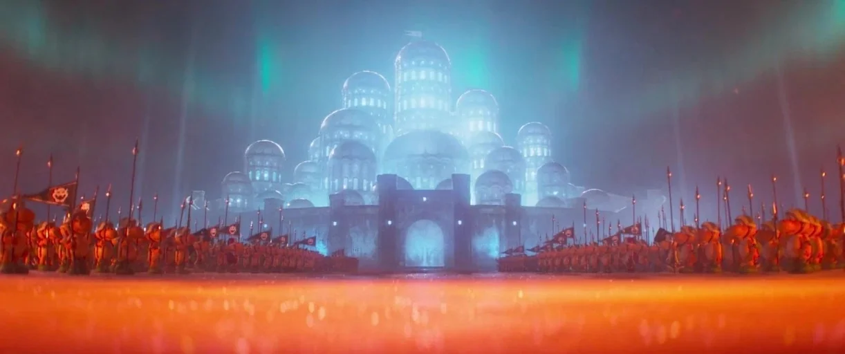The Super Mario Bros. Movie (2023) movie still: establishing — A large fortress glows with an intense blue light at night behind an army. Rows of…