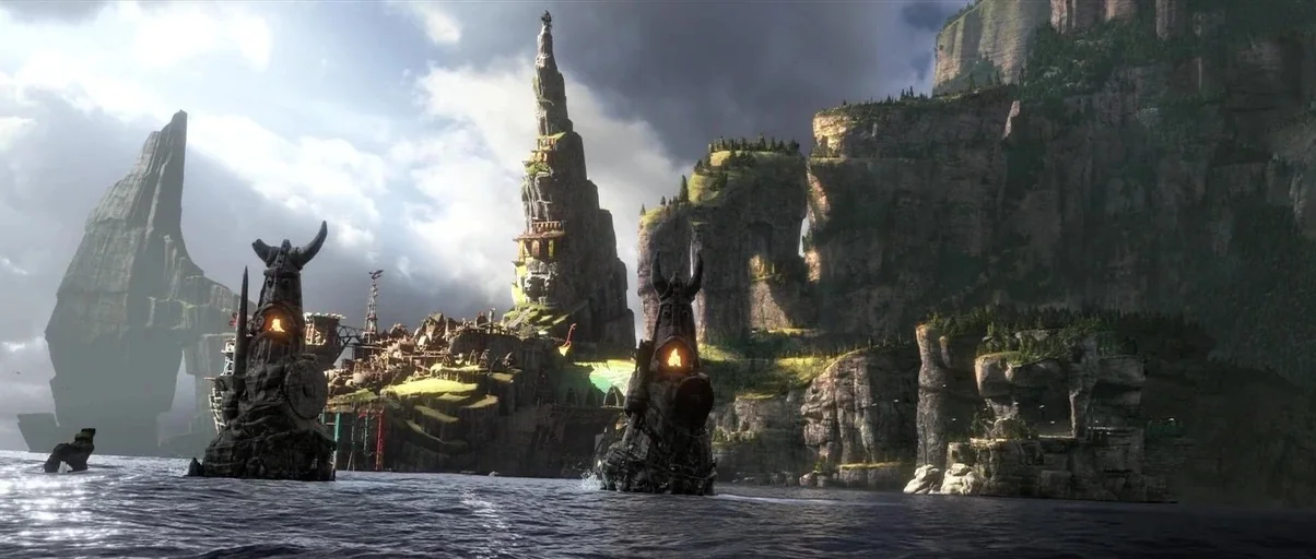 How to Train Your Dragon 2 (2014) movie still: establishing — A Viking-style village is built upon rugged coastal cliffs with large carved horn…