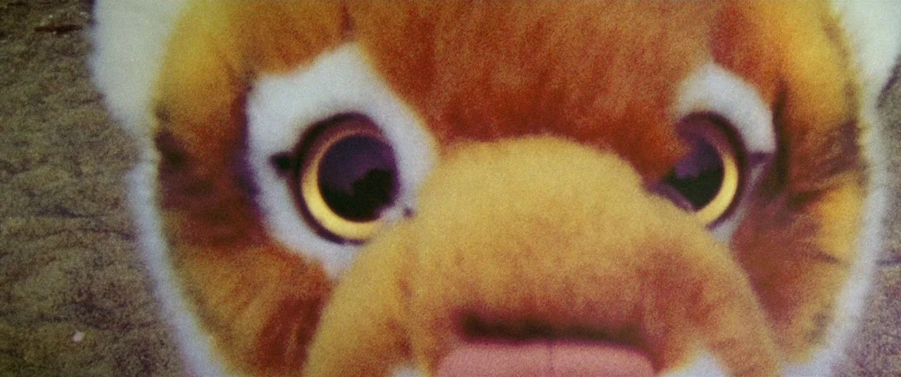 Come To Daddy (2019) movie still: closeup — A close-up view of a stuffed animal toy positioned on a grainy, sandy surface. The toy faces the lens…