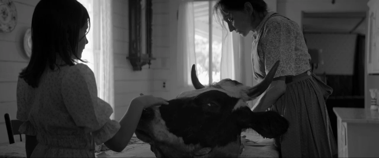 The Eyes of My Mother (2016) movie still: medium — A rustic interior with white wooden walls features a table at the center. A young girl and a…