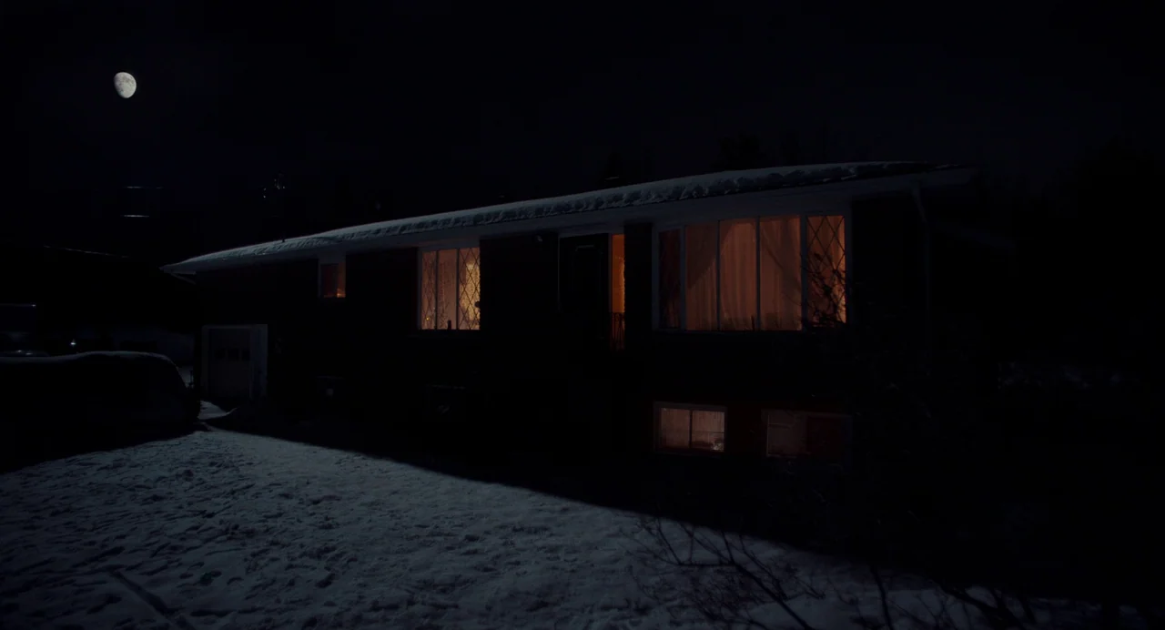 My Animal (2023) movie still: establishing — A single-story suburban house at night sits covered in snow under a visible moon. The windows glow with…