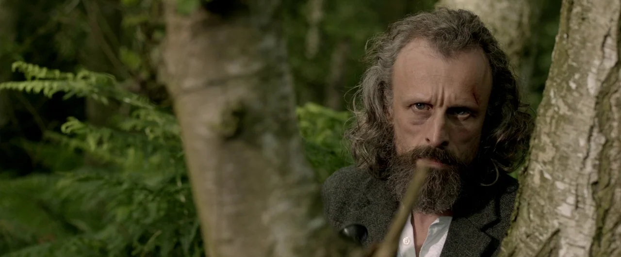 Borgman (2013) movie still: closeup — A dense woodland environment with lush green ferns and textured tree bark in foreground. A man with a…