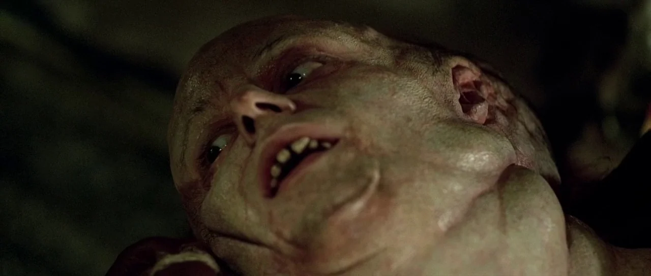 The Hills Have Eyes (2006) movie still: closeup — A damp, dark, stone-walled cavern interior with rough surfaces. A pale, elderly creature with…