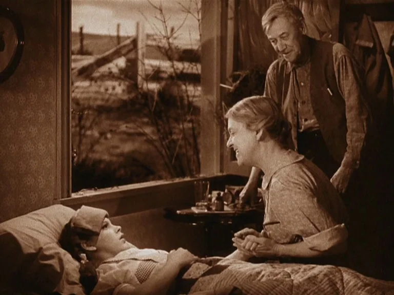 The Wizard Of Oz (1939) movie still: medium — A small rustic room with a window looking out onto a rural landscape. A young girl lies in bed while…