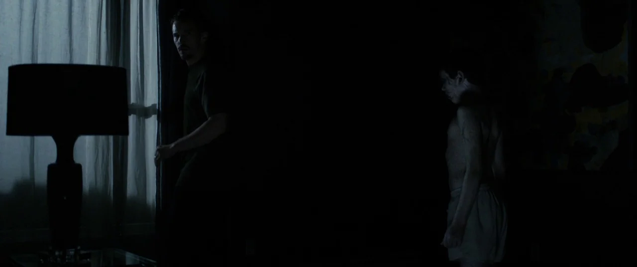 Sinister (2012) movie still: wide — A dark house interior with a window partially covered by a thin sheer curtain. An adult man observes a young,…