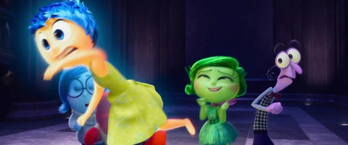 Inside Out 2 (2024) movie still: medium — A dark abstract environment with a tiled floor features four stylized animated characters. The yellow…