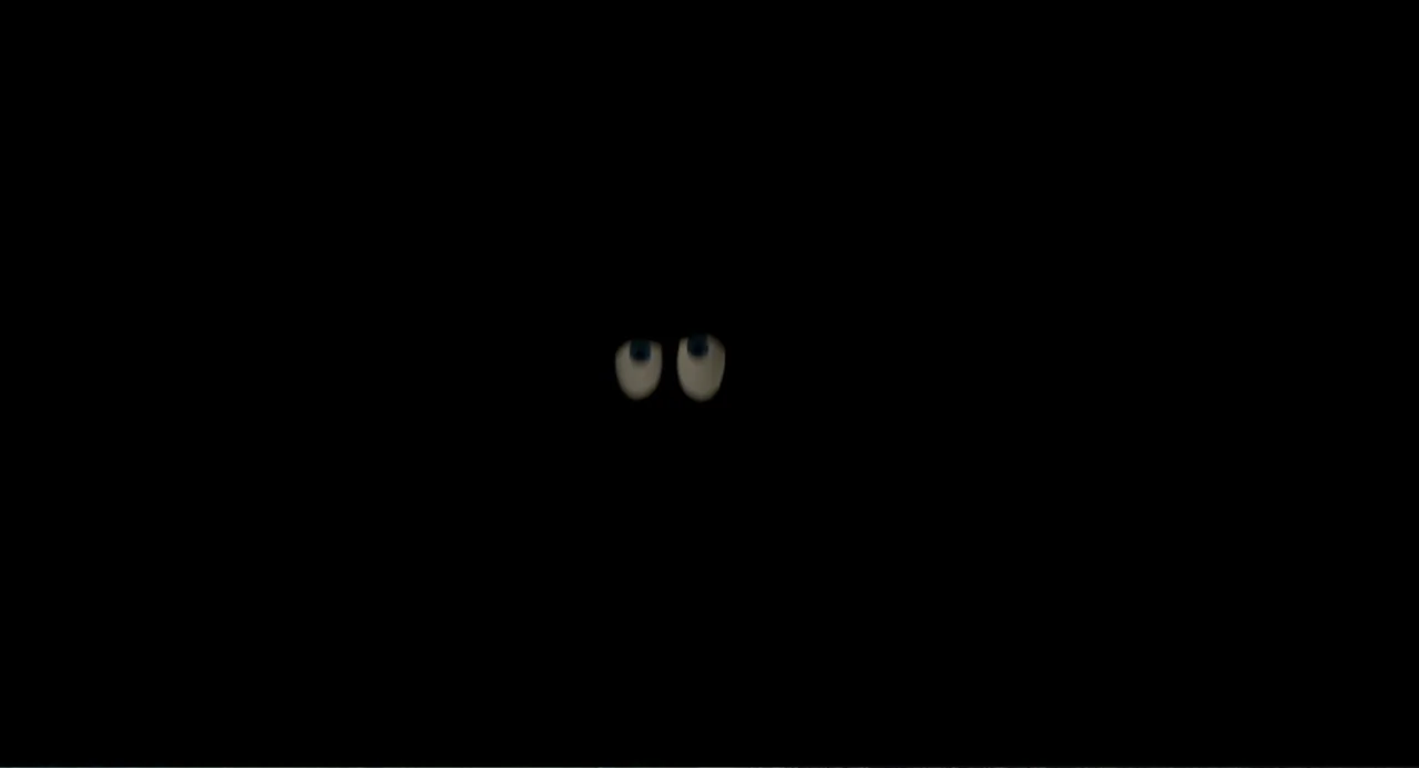 Madagascar (2005) movie still: closeup — A pitch black environment contains only a pair of illuminated human-like eyes. The eyes are positioned in…