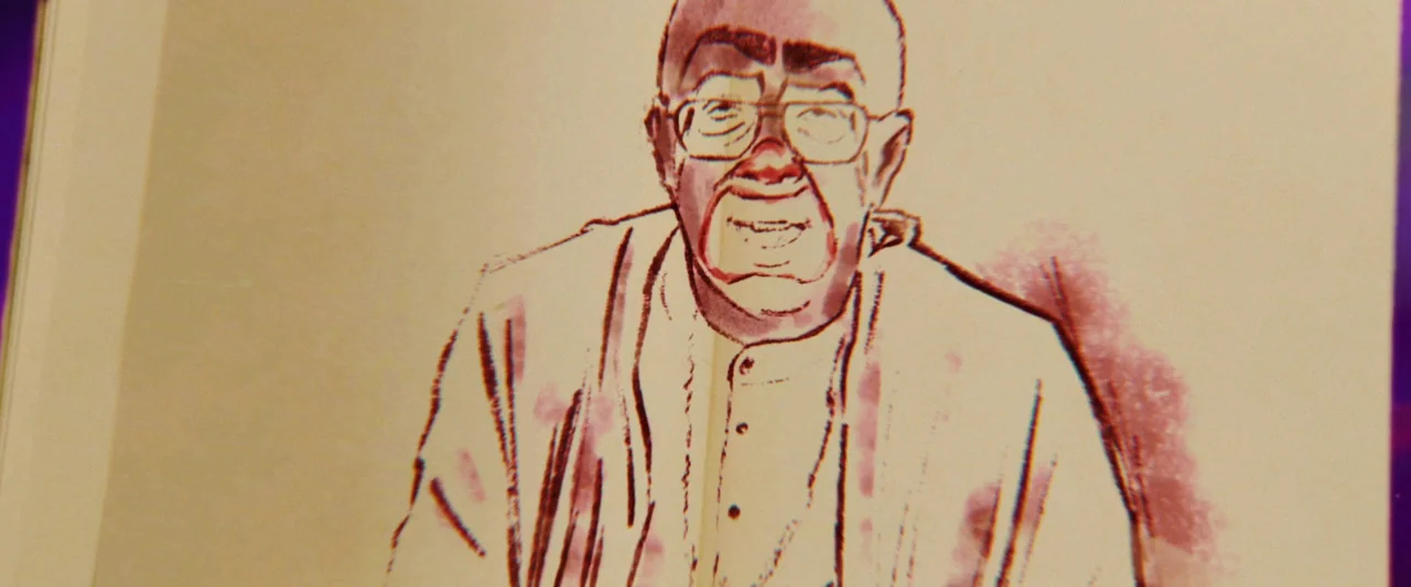 The People’s Joker (2022) movie still: medium — A hand-drawn illustration on a page depicts an elderly man wearing glasses. The man appears in a…