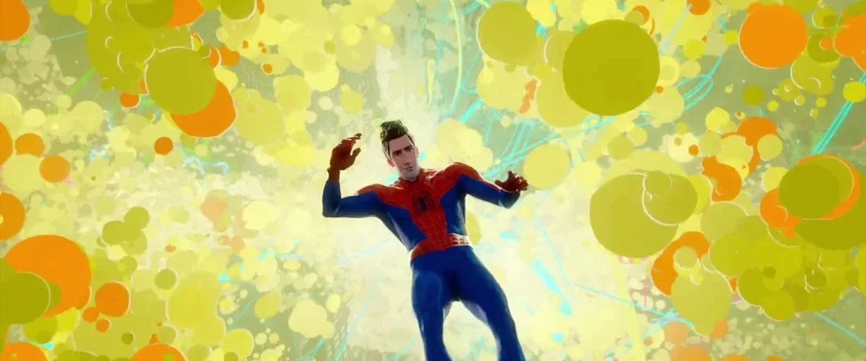 Spider-Man: Into the Spider-Verse (2018) movie still: medium — A space filled with floating yellow and orange circular geometric shapes. A male…