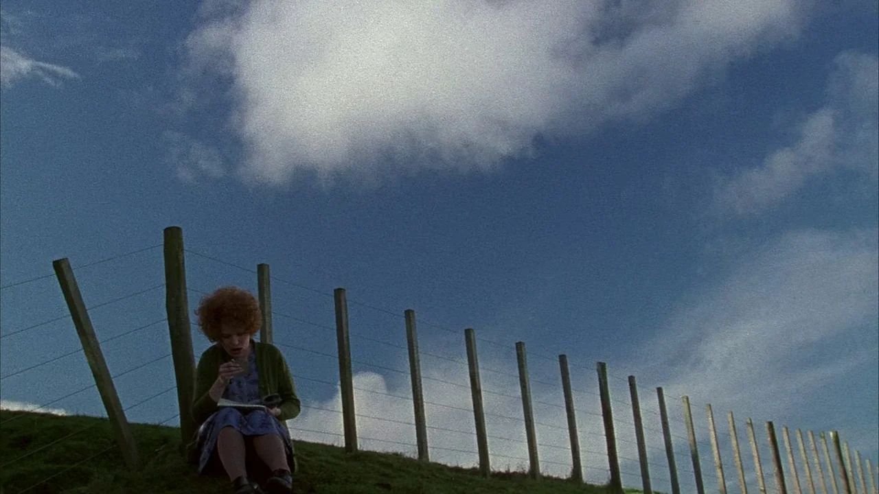 An Angel At My Table (1990) movie still: wide — A woman sits on a grassy hill next to a long wire fence. The sky above is filled with scattered…