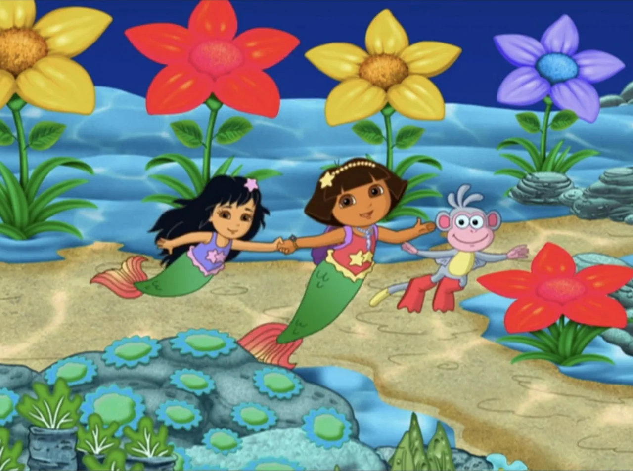 Dora the Explorer: Mermaid Adventures (2025) movie still: medium — A vibrant underwater cartoon environment features large colorful flowers and…