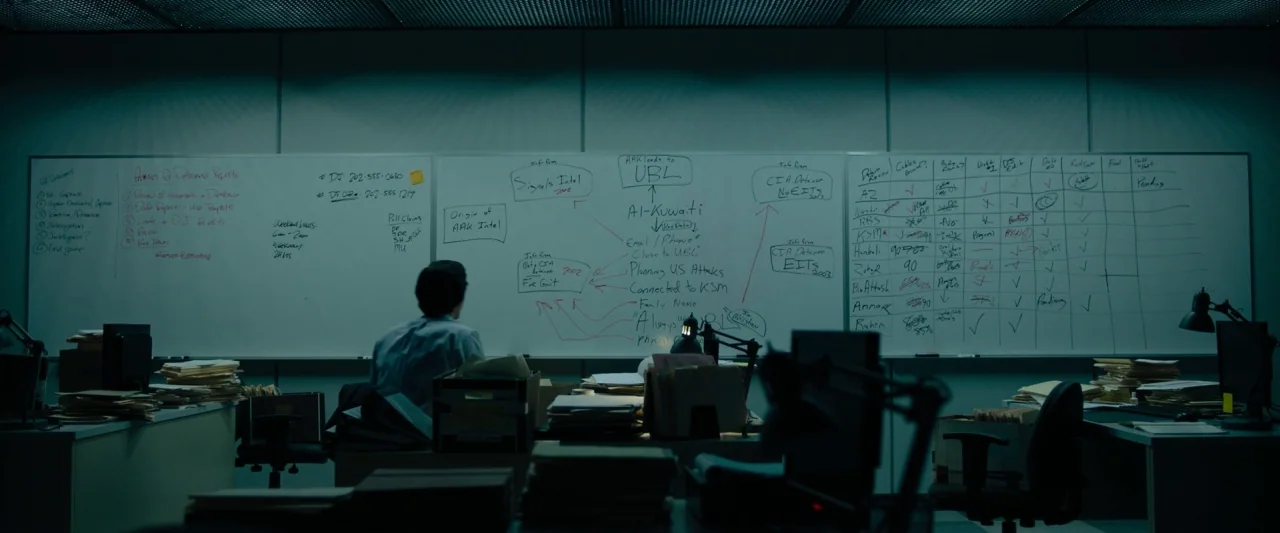 The Report (2019) movie still: wide — A dimly lit, windowless workspace features a wall-sized whiteboard covered in complex handwritten…