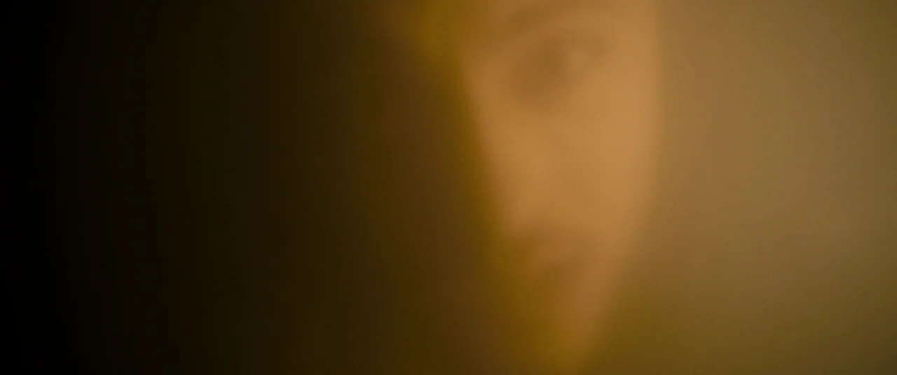 Evil Dead (2013) movie still: closeup — A dimly lit interior space filled with heavy atmospheric haze. A person's face emerges partially from deep…