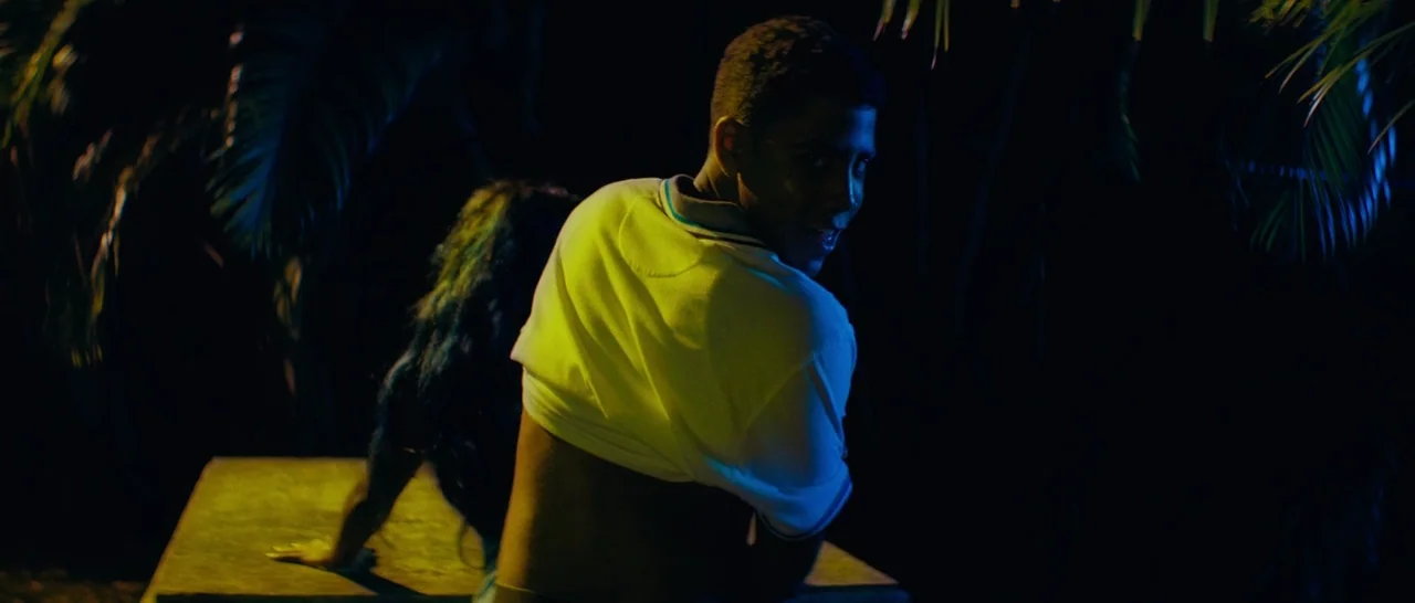 Moonlight (2016) movie still: medium — A dark outdoor space populated by palm trees at night under colored lights. A man in a white polo shirt turns…