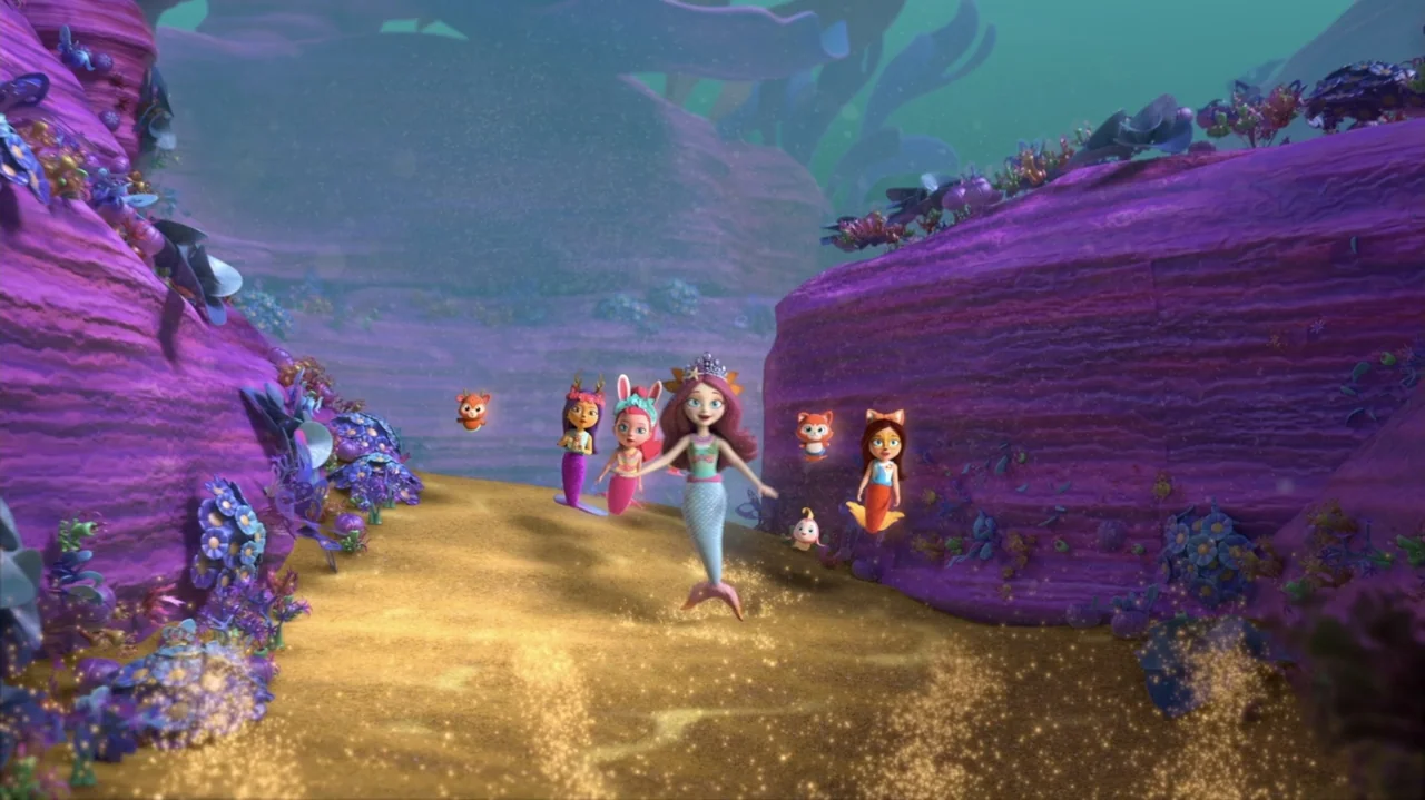 Enchantimals - Ocean Kingdom (2023) movie still: wide — An underwater scene features purple rock walls flanking a sparkling golden sandy seafloor. A…