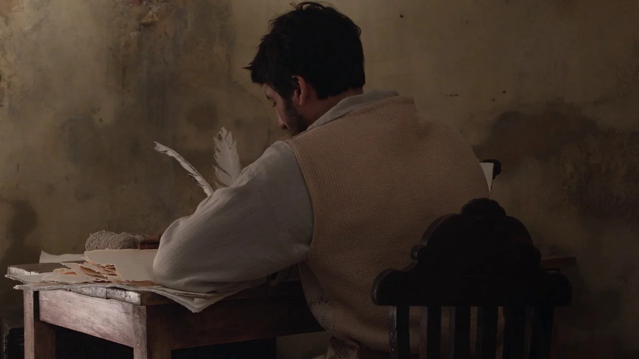 Zama (2017) movie still: medium — A dimly lit, simple workspace features a plaster wall with signs of aged wear. A man sits at a wooden table, bent…