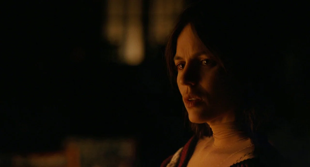 The Skin I Live In (2011) movie still: closeup — A dark, dimly lit interior space with the subject positioned off-center. A woman stares into the…