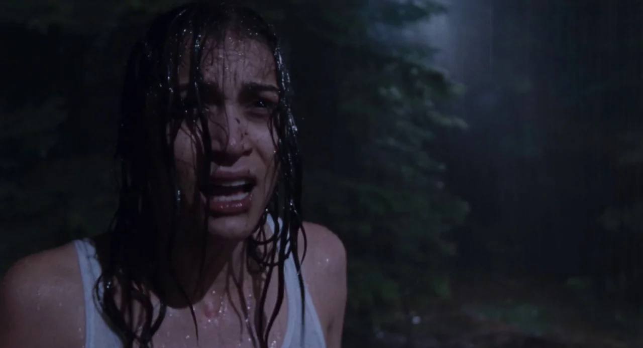Martyrs (2008) movie still: closeup — A dark, rainy woodland area at night obscured by shadows and tree silhouettes. A young woman with wet hair is…