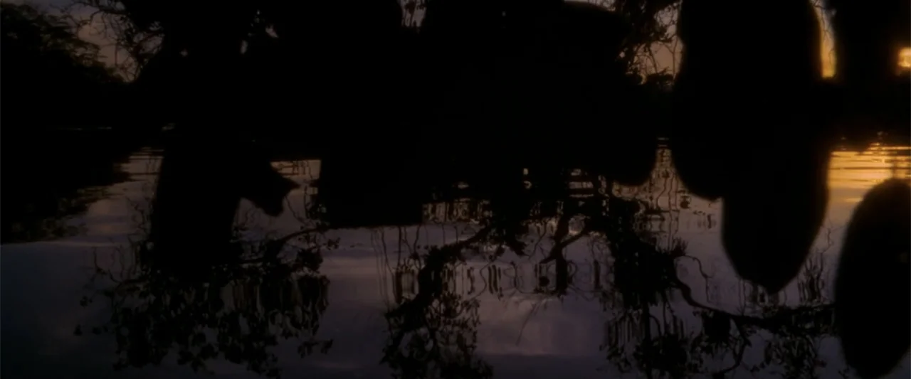 Anaconda (1997) movie still: establishing — A dark river reflects the silhouettes of overhanging tree branches at dusk. The dim orange light of the…