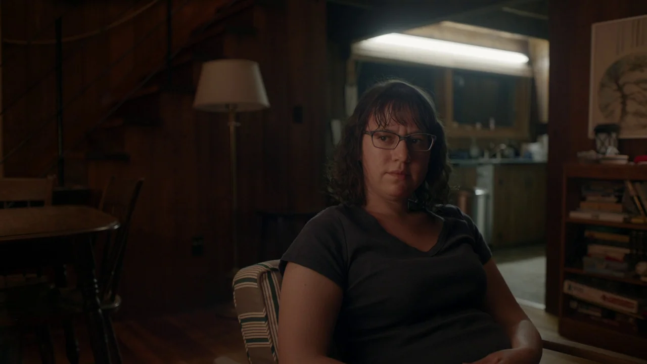 The Feeling That the Time for Doing Something Has Passed (2023) movie still: medium — A dark, wood-paneled room contains a wooden chair and a floor…