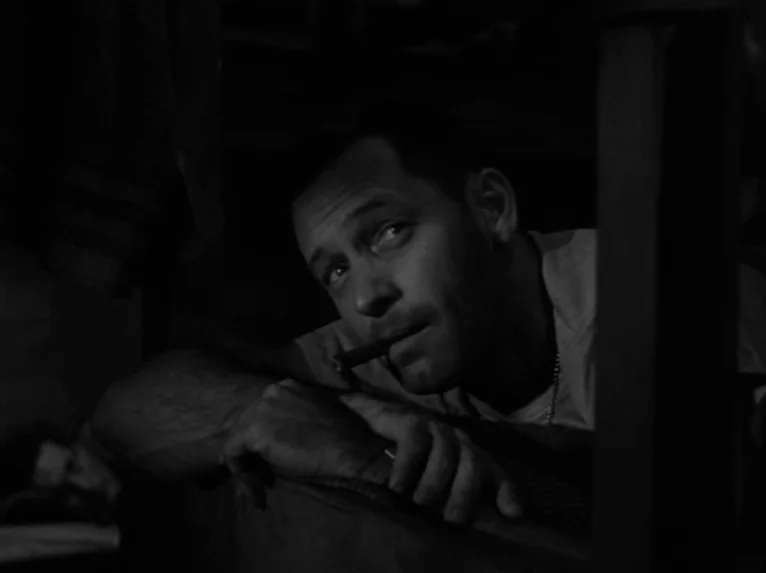 Stalag 17 (1953) movie still: closeup — A dimly lit room features a man resting on a bunk. He lies propped up on his elbows while chewing on a cigar.