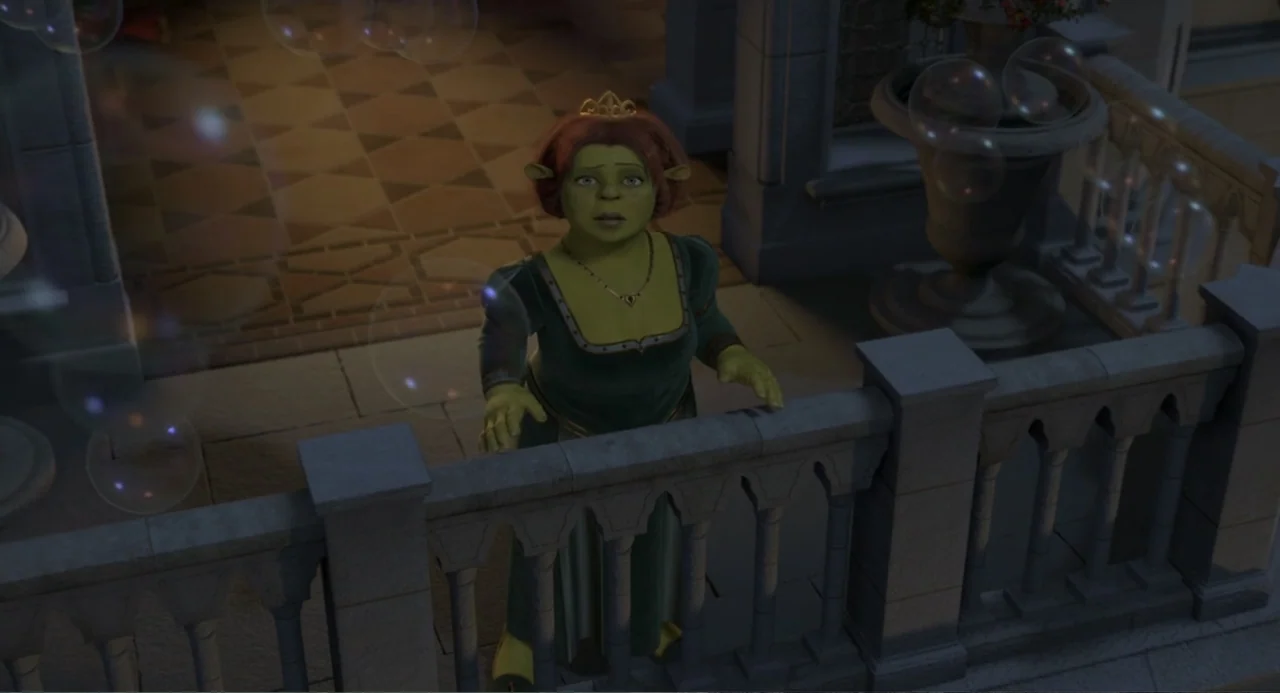 Shrek 2 (2004) movie still: medium — A stone balcony at night features a decorative railing and a large stone urn. Princess Fiona in a green dress…
