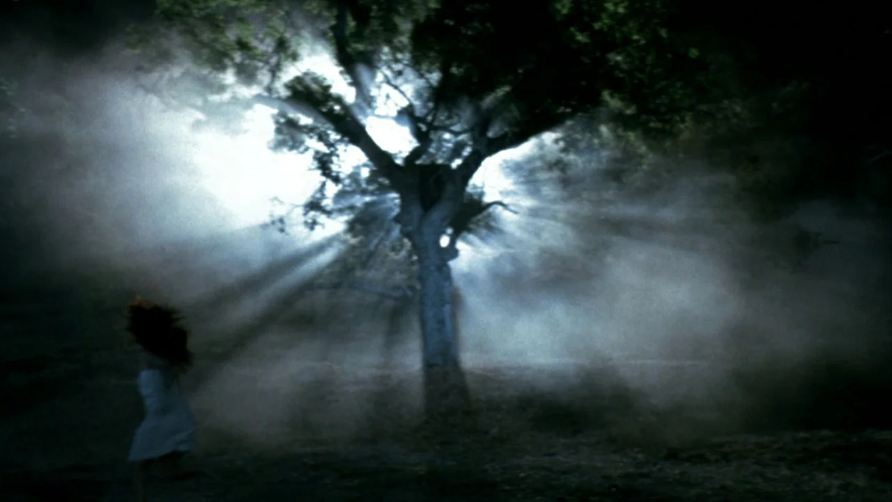 Jason Goes To Hell (1993) movie still: wide — A field with a large tree is obscured by thick rolling fog. A young woman in a white dress runs toward…