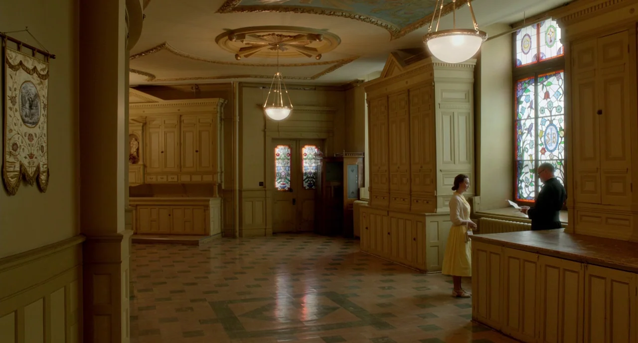Brooklyn (2015) movie still: wide — A spacious room featuring wooden paneling, tiled floors, and ornate stained glass windows. A young woman and a…