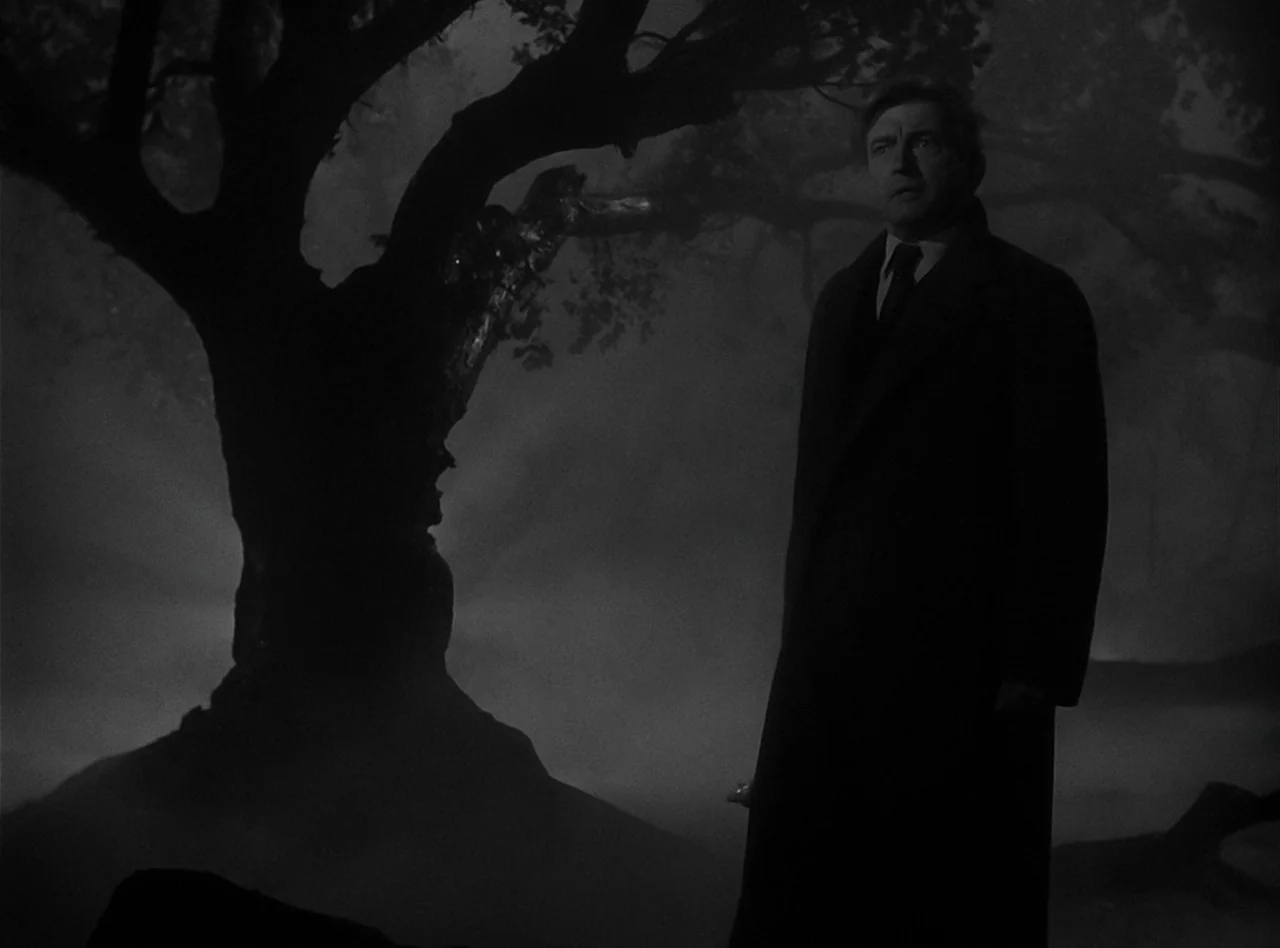 The Wolf Man (1941) movie still: medium — A dark, fog-filled woodland at night with a large, gnarled tree in the background. A man in a long dark…