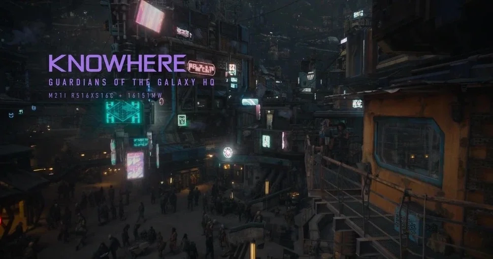 Guardians of the Galaxy Vol. 3 (2023) movie still: establishing — A dense sci-fi settlement built inside a massive hollowed-out skull structure.…