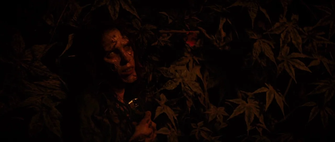 The Ruins (2008) movie still: medium — A man stands partially hidden within thick, dark, and layered foliage at night. His face is illuminated by a…