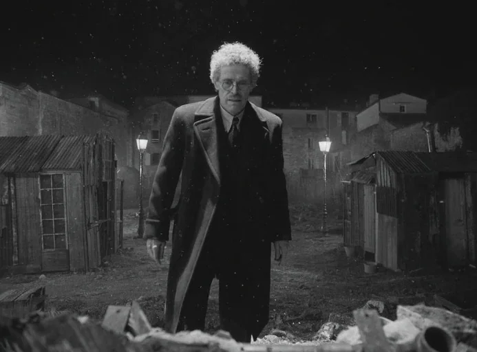 The French Dispatch (2021) movie still: fullbody — A dark, barren area filled with small, weathered wooden shacks under a night sky. An elderly man…