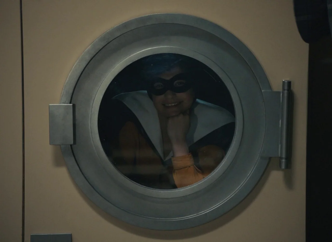 Red Island (2023) movie still: closeup — A person looks out from behind the circular glass door of a clothes dryer. The machine is set in a plain…