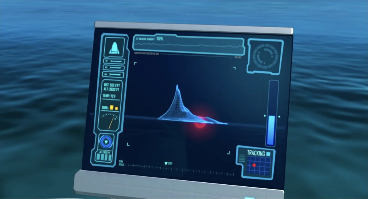 Penguins of Madagascar (2014) movie still: closeup — A floating digital interface hovers over a blue ocean surface under daylight conditions. The…