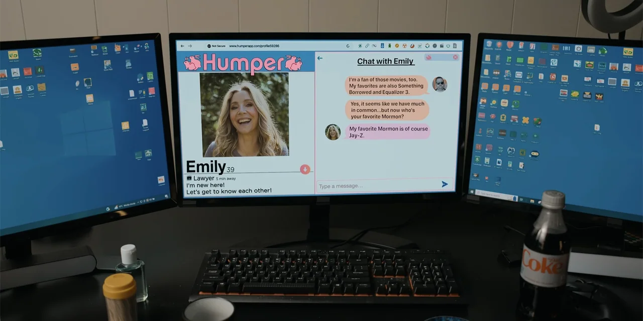 Playdate (2025) movie still: wide — A dark computer desk features three monitors displaying a dating app profile and icons. A keyboard and a bottle…