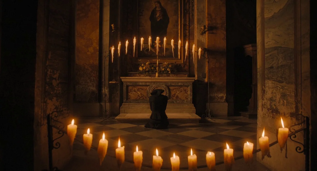 The First Omen (2024) movie still: wide — A dimly lit church interior features a stone altar framed by numerous lit candles. A lone figure in black…
