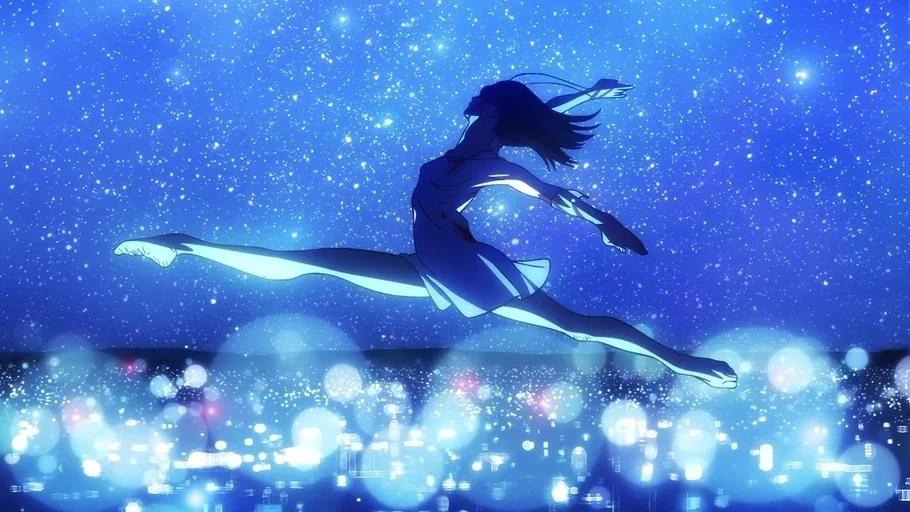 Dan Da Dan: First Encounter (2024) movie still: fullbody — A silhouette of a figure jumps across a brilliant field of stars. Below the horizon lies…