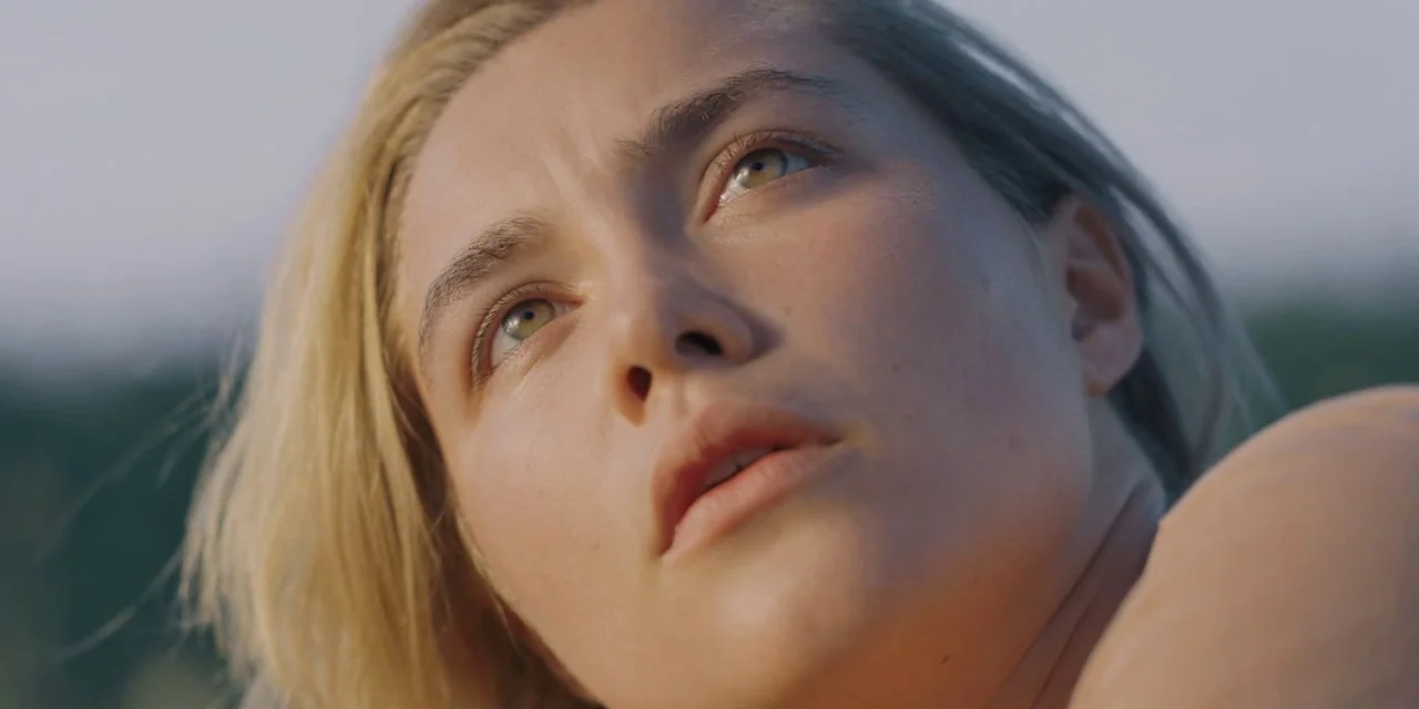 Midsommar (2019) movie still: closeup — An outdoor field setting provides a neutral background for the portrait. A young woman with blonde hair…