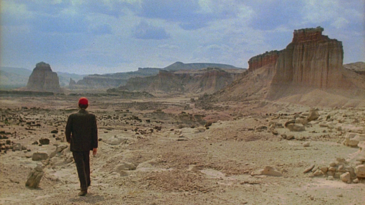 Paris, Texas (1984) movie still: wide — A vast arid desert landscape features distant sandstone rock formations under a cloudy sky. A man in a dark…