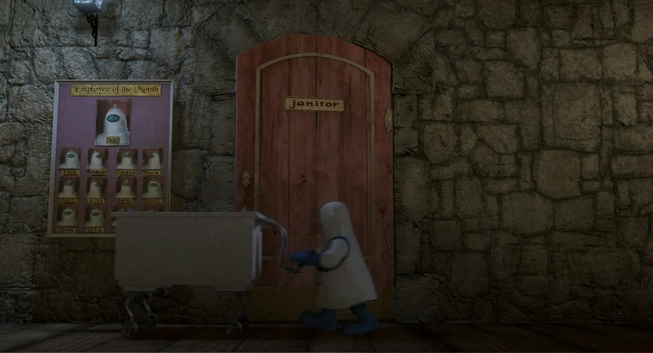 Shrek 2 (2004) movie still: medium — An interior hallway features rough-hewn stone walls and a wooden door labeled janitor. A small white-robed…