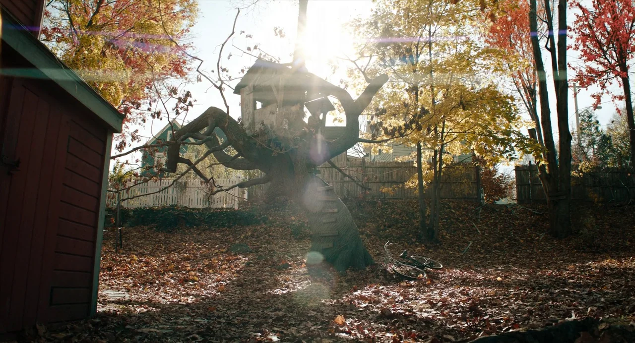 Beetlejuice Beetlejuice (2024) movie still: wide — A backyard setting filled with fallen brown leaves and scattered autumn foliage trees. A wooden…