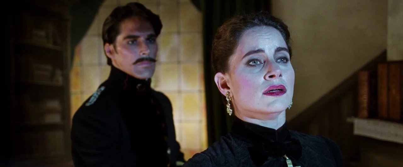The Age of Innocence (1993) movie still: medium — A dimly lit room with wood-paneled walls and a bookshelf in the background. A woman in black…