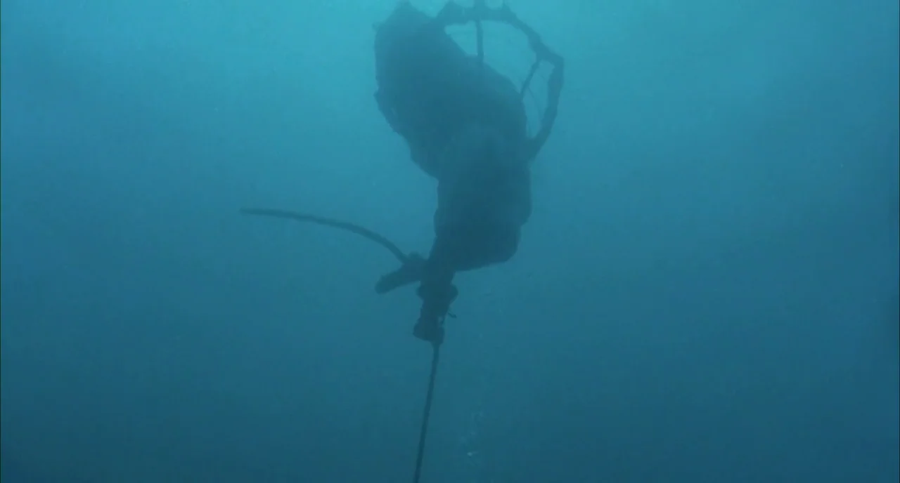 The Piano (1993) movie still: wide — A deep underwater environment with murky blue water and no visible land mass. A lone diver ascends while…
