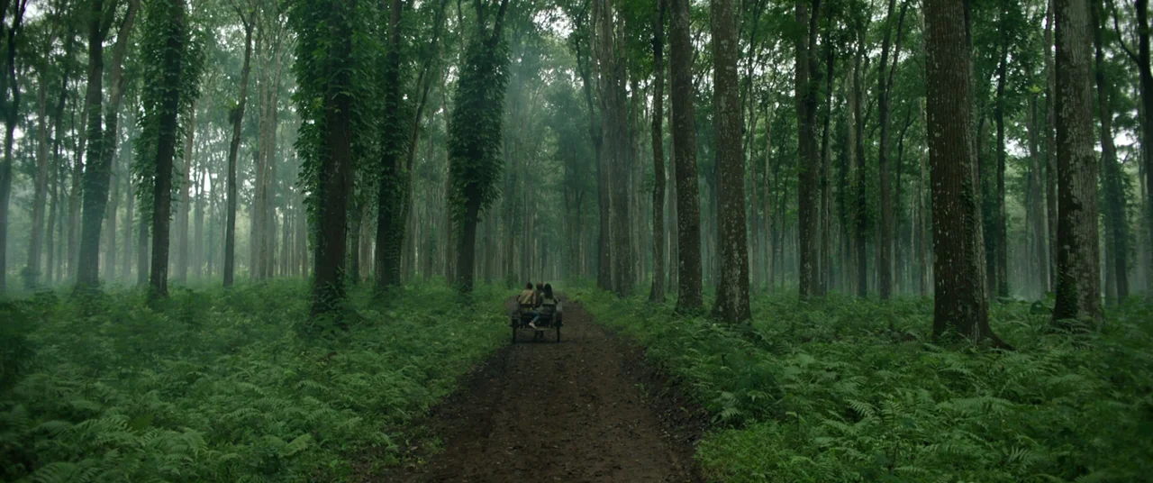 Impetigore (2019) movie still: wide — A narrow dirt path cuts through a dense forest filled with tall straight trees. Two people ride in a cart…