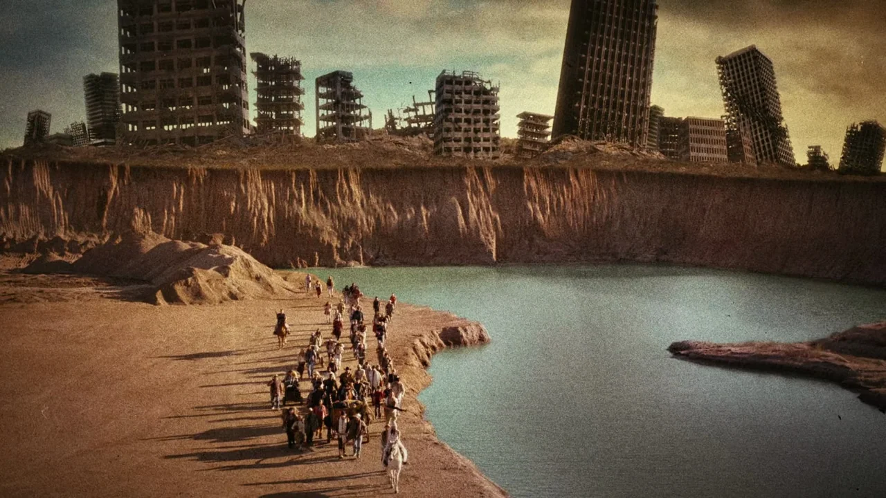 Planet Terror (2007) movie still: wide — A group of people walks along the sandy bank of a turquoise pond in a quarry. In the background, crumbling,…